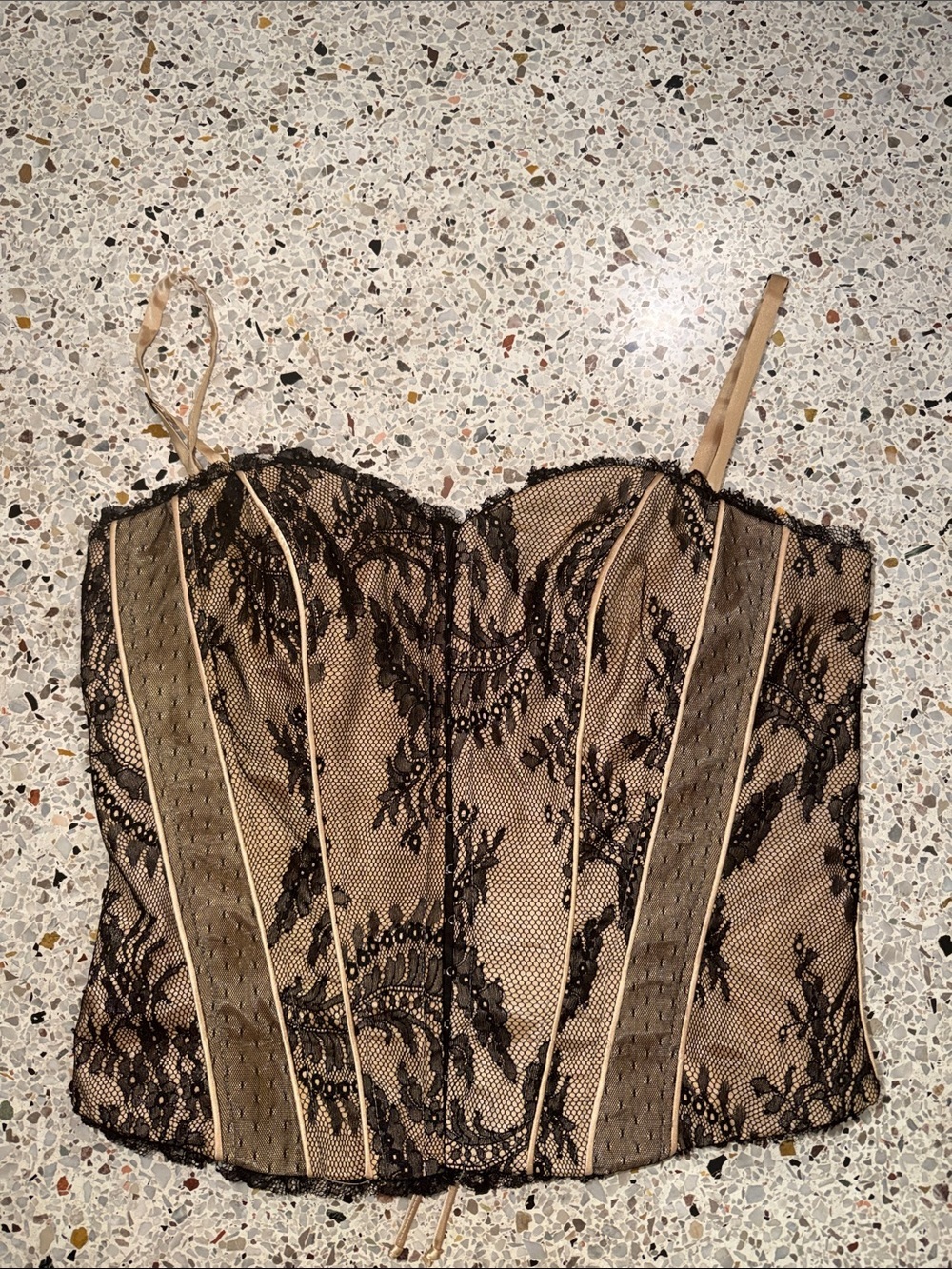 Cache 90’s Y2K black lace nude tan lace up corset bustier medium m